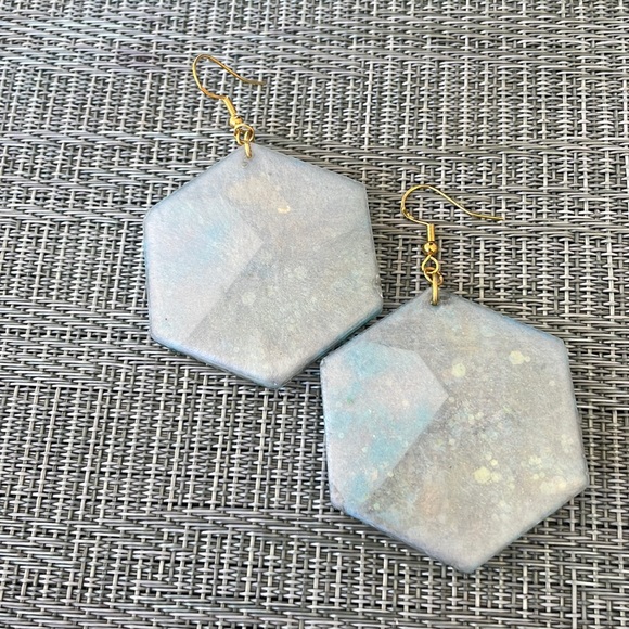 XMAS Pressed Flower Handmade Large Holiday Earrings Blue Rudolph Hexagon - Picture 7 of 11